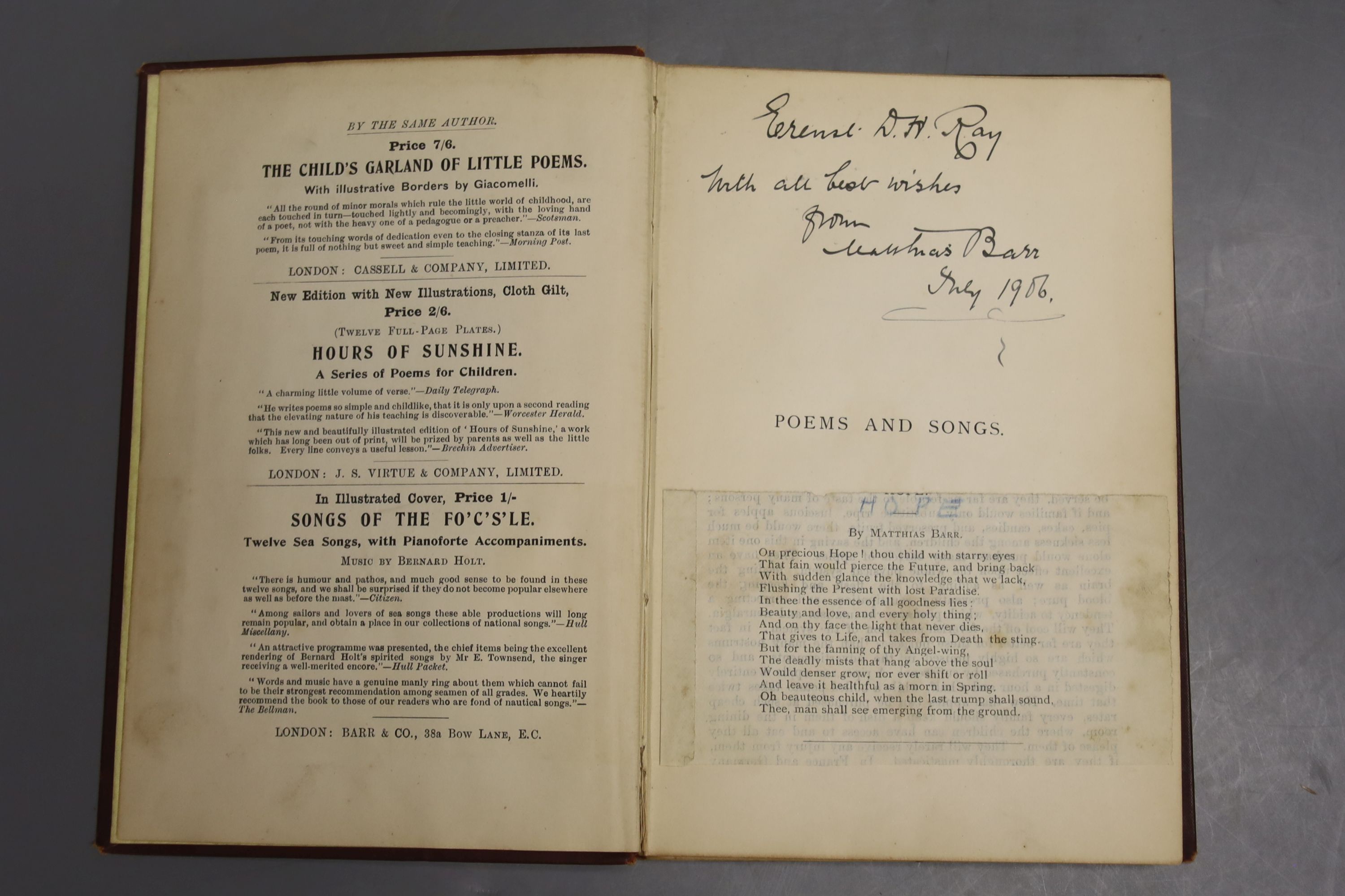 Barr, Matthias – Poems. Sixth and enlarged edition, commissioned in memory of the poet’s son, 16mo, signed by Barr in 1906, with two handwritten signed poems (front and back) and an original portrait photograph and other